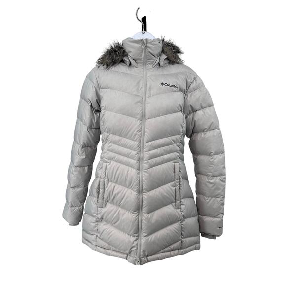 Columbia Jacket Silver Womens M Turbo Down Puffer Omni-Heat Faux Fur Hood Mesh - Picture 1 of 13